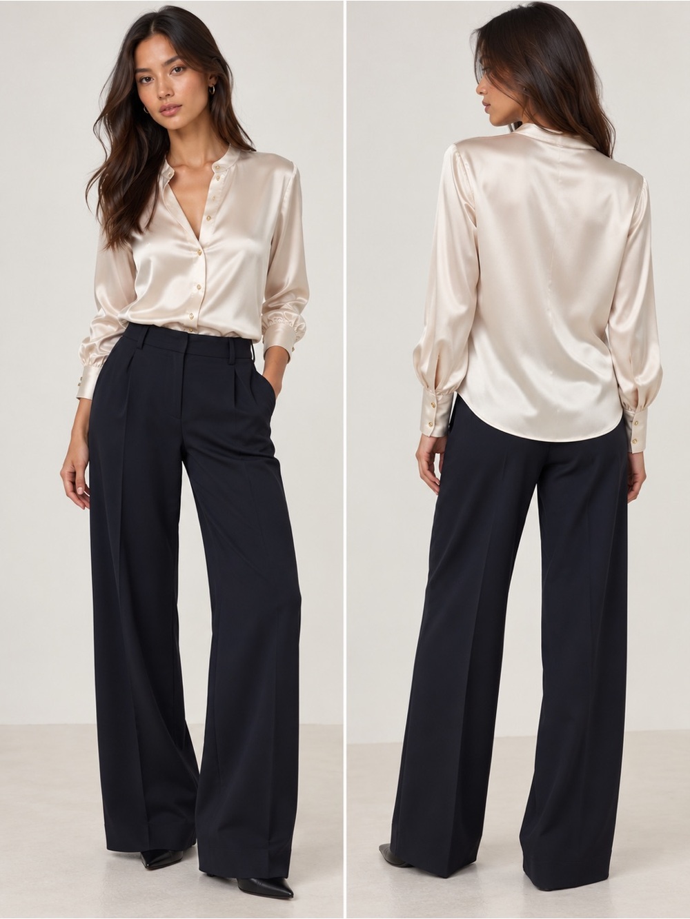ZARA Ivory Champagne Satin Blouse Gold Buttons Size S